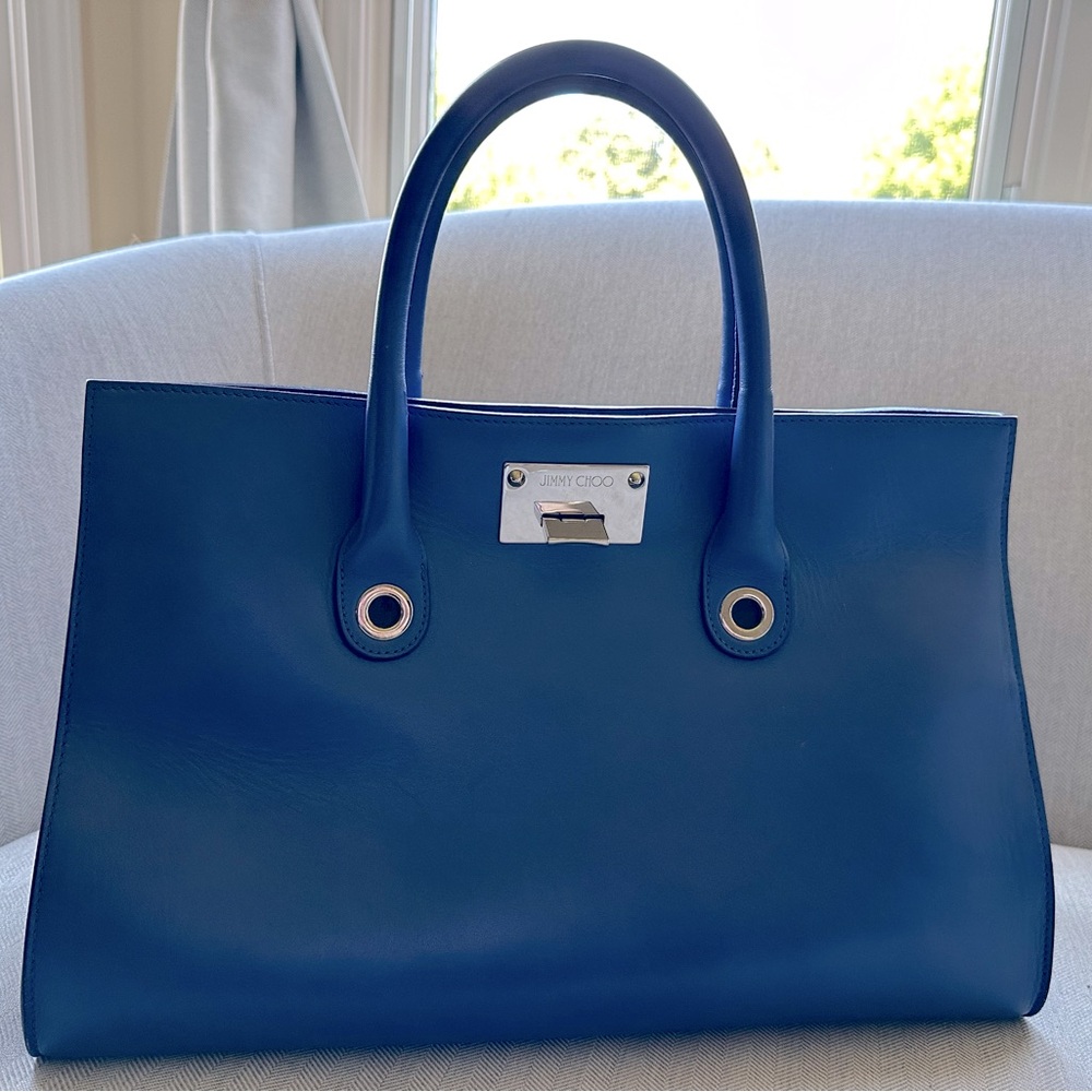 Jimmy Choo Blue Structured Tote with Silver Accents